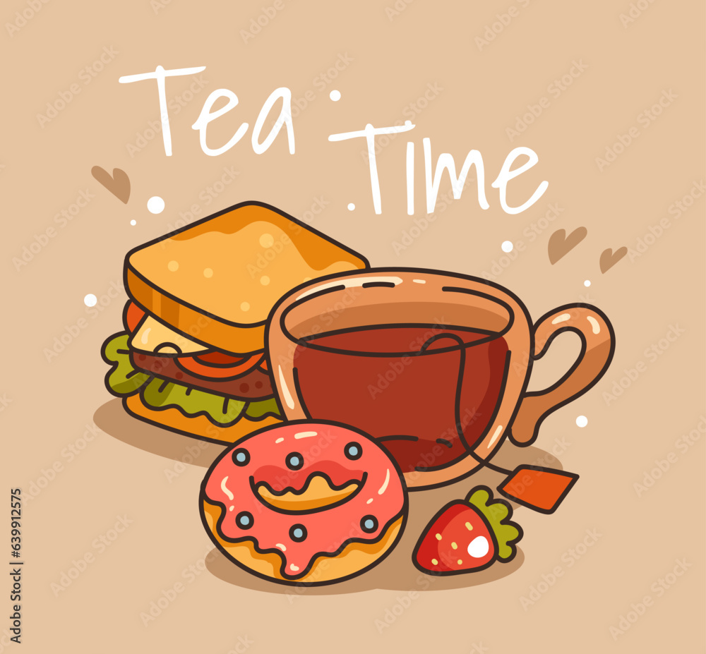 Tea party time breakfast with donut cupcake concept. Vector flat graphic design illustration
