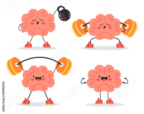 Brain character sport dumbbell weight isolated set concept. Vector flat graphic design illustration