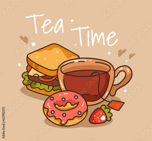 Tea party time breakfast with donut cupcake concept. Vector flat graphic design illustration
