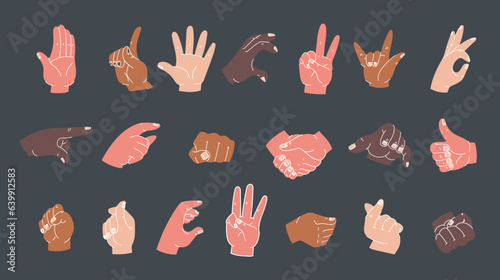Hand arm finger hold ok pose sign isolated set. Vector flat graphic design illustration