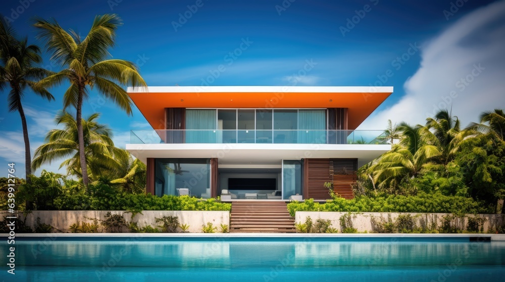 A modern house in a tropical island in the middle of the ocean