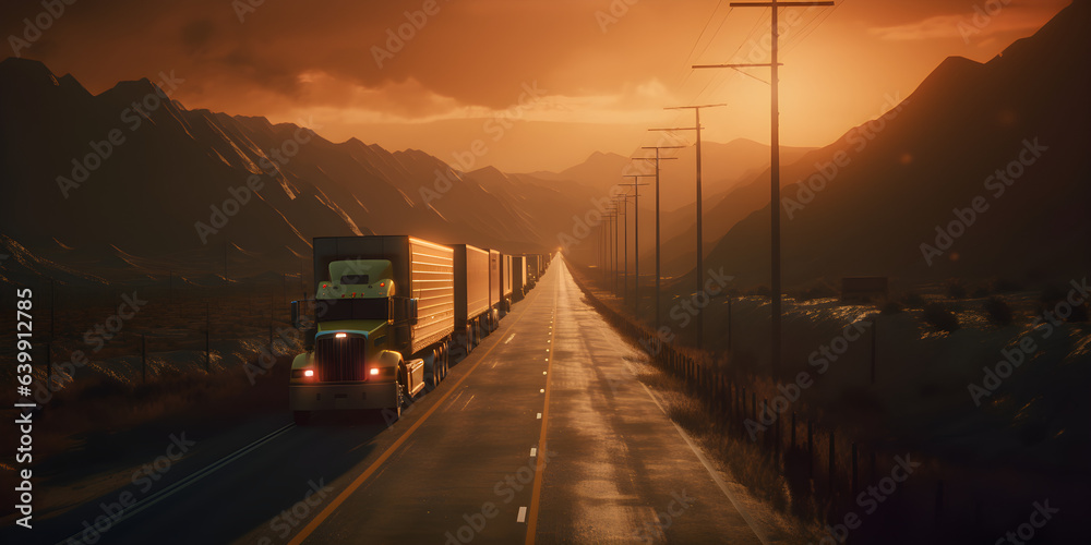 A line of trucks on an empty road among the mountains at sunset. Traffic jam at the border.