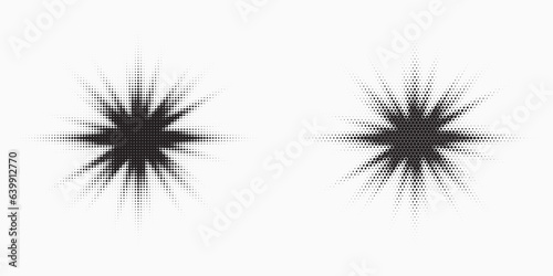 Halftone background set. Glowing light Halftone effect. Abstract grunge starburst halftone dots background. Star flare, shine light halftone texture. Retro background, pop art style.