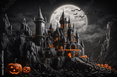 3D rendering of an epic castle scenery with full moon in majestic night sky and highly detailed natural environment landscape. blocks concept