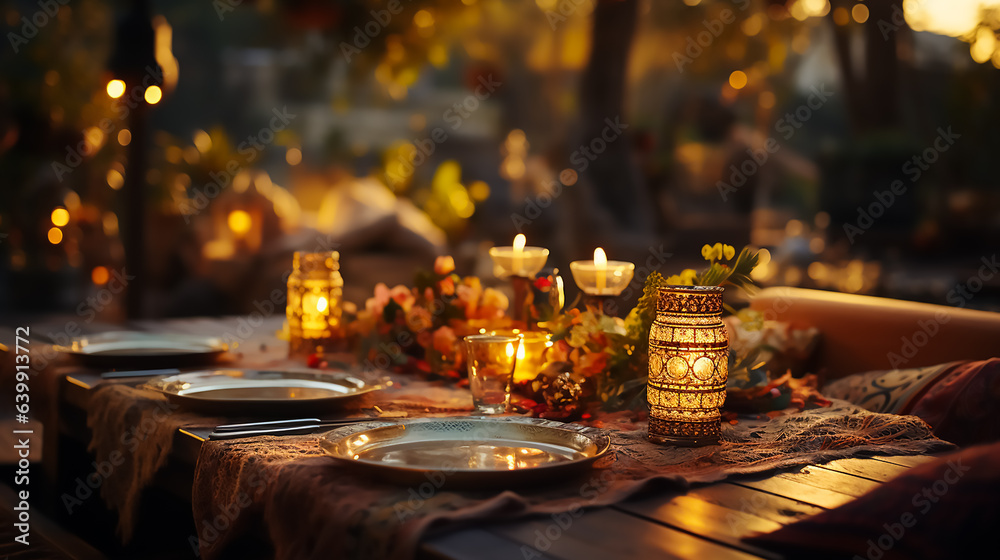 A picnic table with a tablecloth in the background, in the style of enchanting lighting, orient - inspired, maximalism, 32k uhd, use of earth tones,