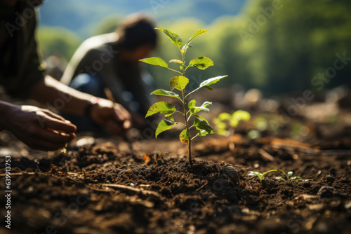 Environmental Stewardship. Individual planting a tree as a gesture of environmental conservation, representing the harmony between humanity and nature. Generative Ai.