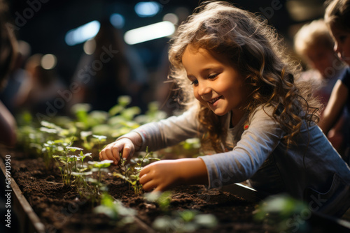 Children excitedly plant seeds in neat rows, embracing the joys of gardening. Concept of Budding Gardeners. Generative Ai.