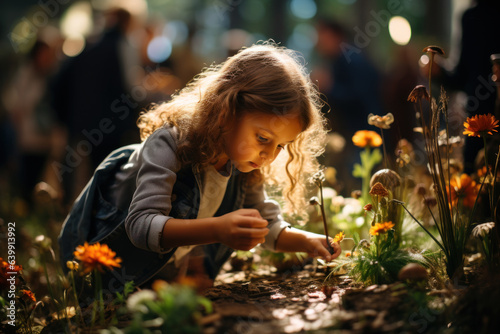 Children explore the garden with magnifying glasses, discovering insects and plants up close. Concept of Garden Discovery. Generative Ai.