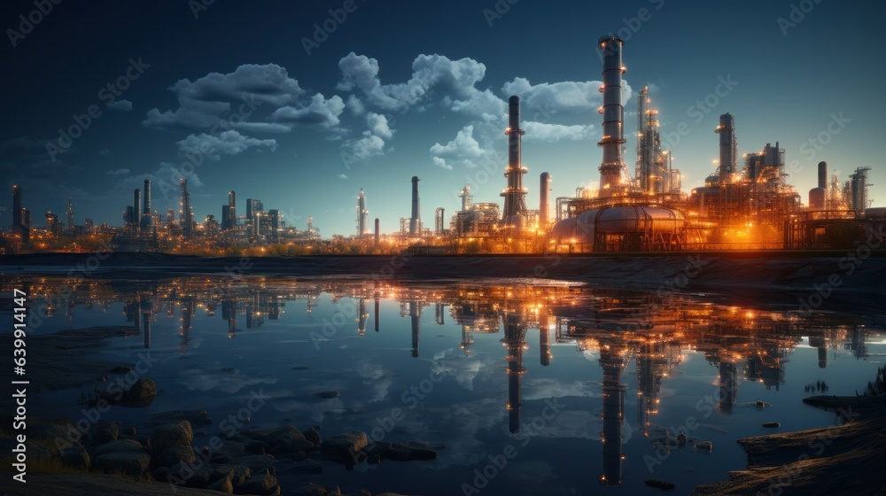 Naklejka premium factory, industry, construction, futuristic, pipe, industrial building, gas, facility, system, structure. background image is factory and industry, there have large pipe, gas from that pipe into sky.