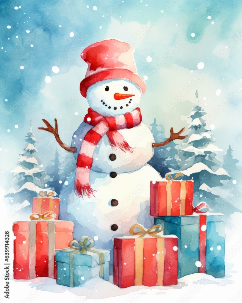Watercolor christmas illustration kind snowman with gifts in the forest