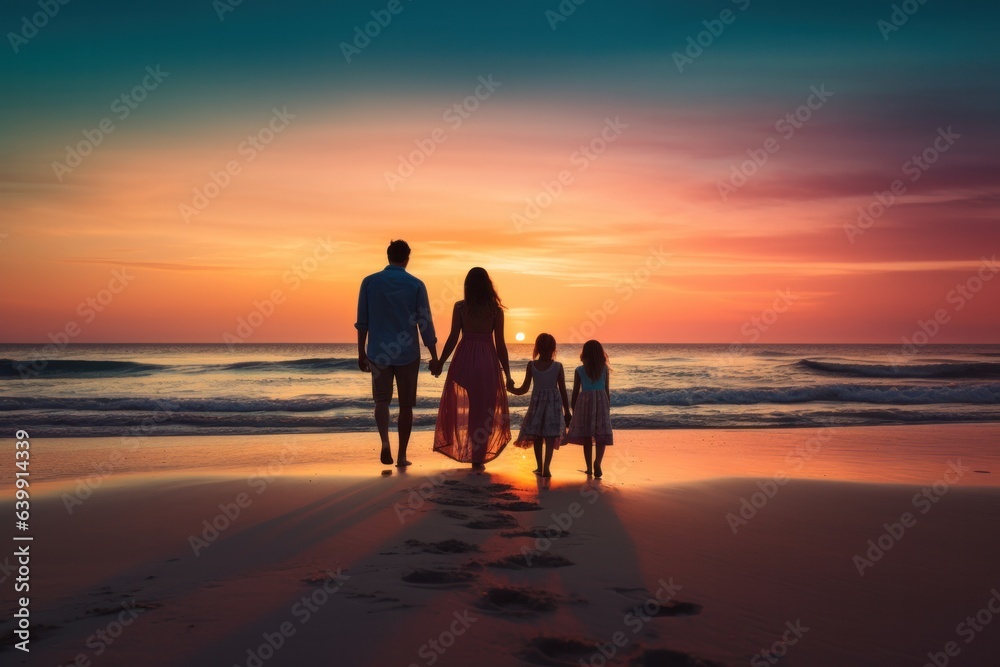 family, sunset, beach, summer, sea, journey, ocean, travel, nature, trip. background picture is family walk together with children at beach when sunset. out of sight has twilight sky on summer sea.