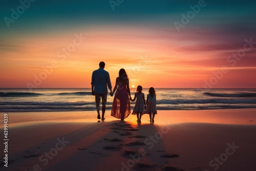 family, sunset, beach, summer, sea, journey, ocean, travel, nature, trip. background picture is family walk together with children at beach when sunset. out of sight has twilight sky on summer sea.