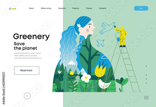 Greenery, ecology -modern flat vector concept illustration of a man painting a mural of a woman, composed with landscape. Metaphor of environmental sustainability and protection, closeness to nature