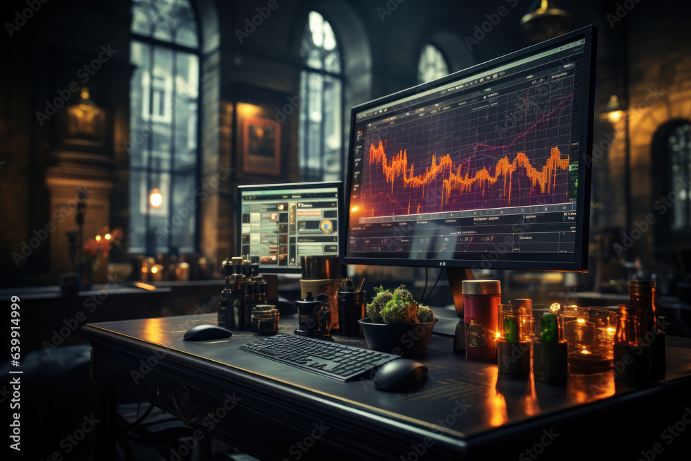 Traders immersed in a bustling stock exchange, monitoring screens and reacting to market fluctuations with focused intensity. Concept of Dynamic Trading Floor. Generative Ai.