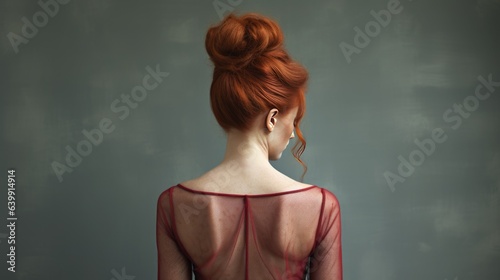 Portrait of red-haired woman with her back turned. photo