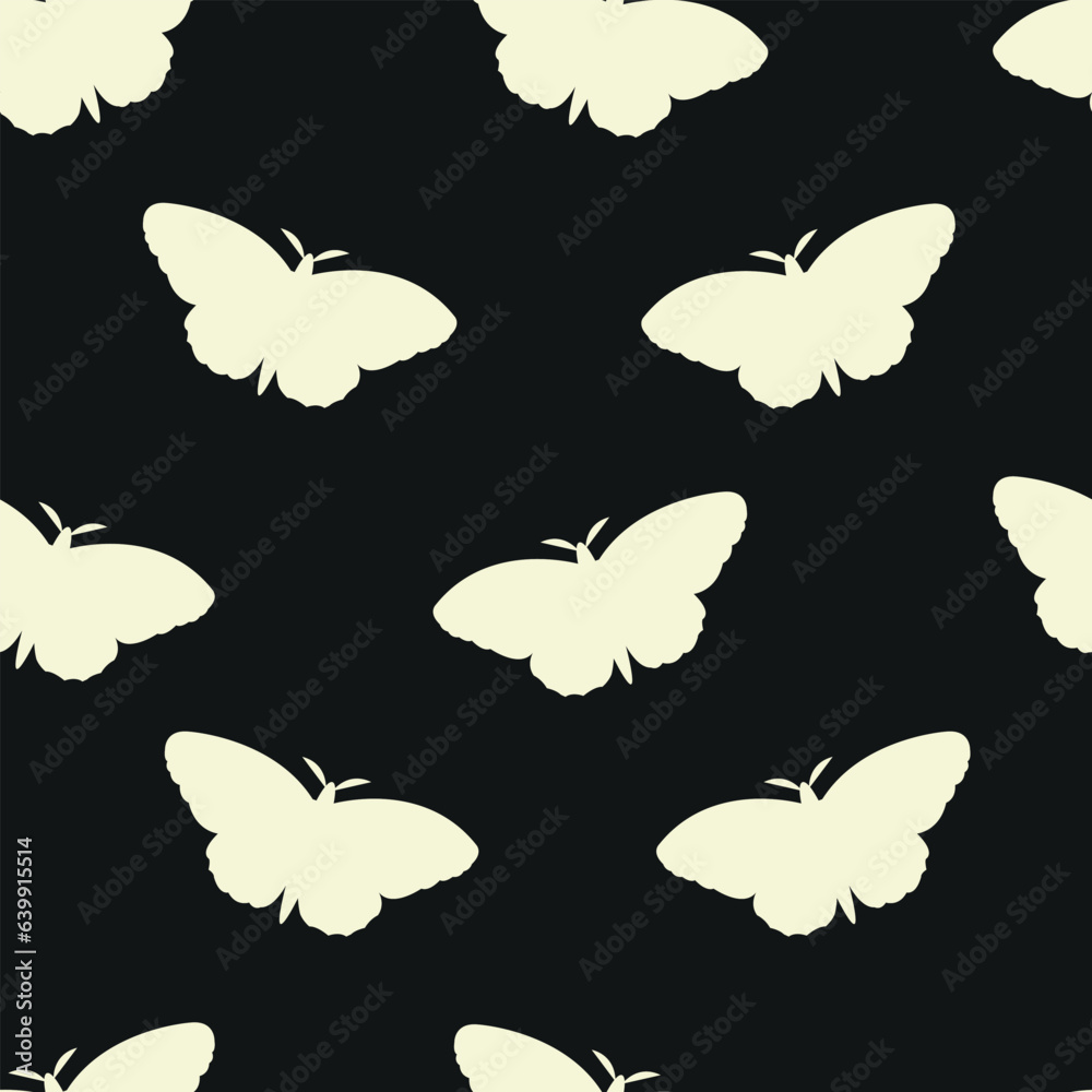 Obraz premium Seamless pattern of silhouettes of yellow butterflies on a black background.