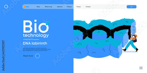 Bio Technology, DNA Labyrinth -modern flat vector concept illustration of person in front of a labyrinth in the form of a double helix DNA. Metaphor of intricacies and challenges of genetic research