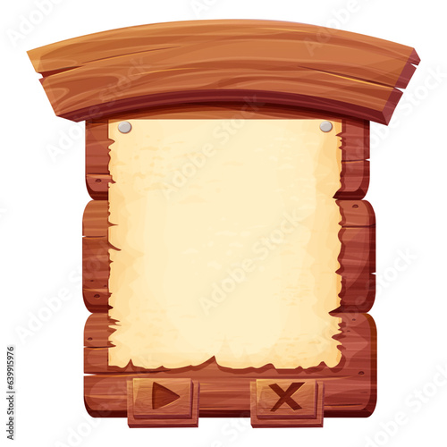 Wood planks with parchment paper in cartoon style game menu isolated on white background. Frame, medieval panel, menu. Empty gui asset, signboard.