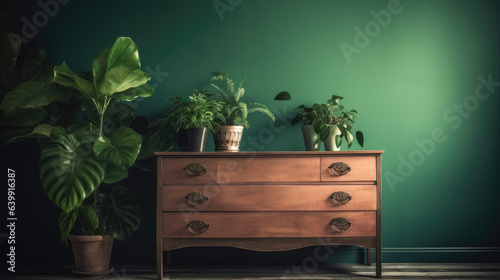 Modern chest of drawers with houseplant near green wall in room.