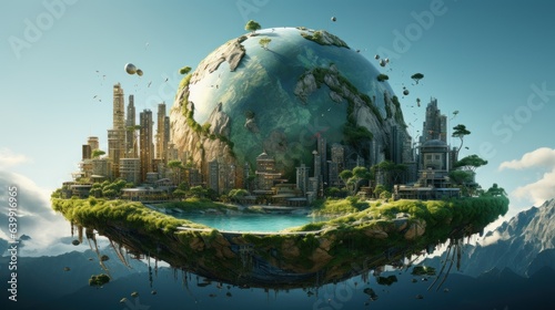 Symbolic 3D image of the globe with elements of human activity and nature landscape. Eliminate waste and pollution, save clean planet. Saving nature for future generations. Earth Day, ecology concept.