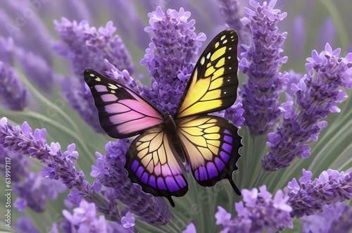Butterfly on lavender flowers in a field wallpaper