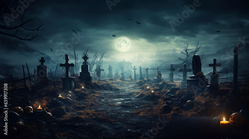 hyperrealistic, spooky scary graveyard, zombie, halloween background. View of a creepy cemetery during night. Halloween theme, Halloween backbround, Postcard, invitation.