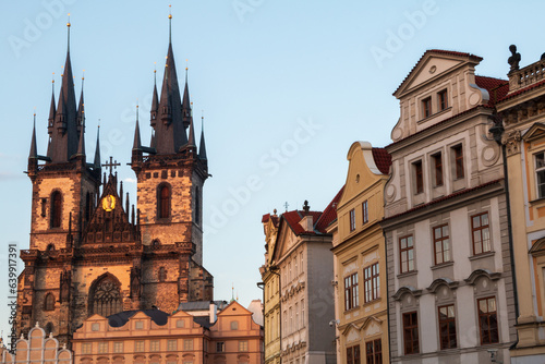 Beautiful facades of historical houses at Prague's Old Town Square next to the Church of Our Lady before Týn