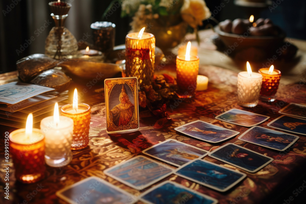 Tarot cards and burning candles on wooden table at night. Fortune telling and reading future. Astrology horoscope, esoteric and spiritual concept Tarot cards and burning candles on wooden table at night. Fortune telling and reading future. Astrology horoscope, esoteric and spiritual concept