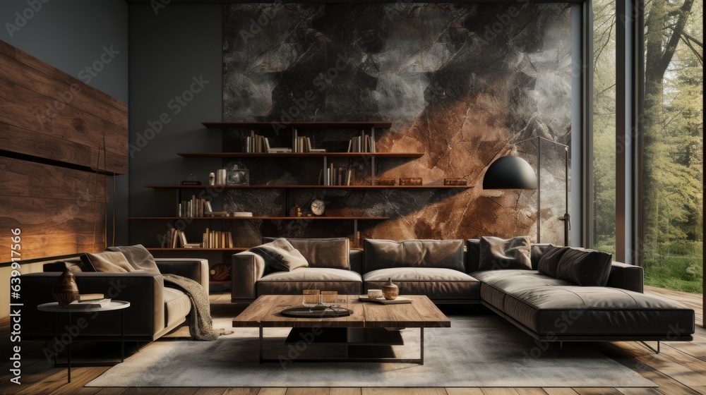 Cozy interior in modern luxury cottage. Stone wall, large sofa, wooden coffee table, bookshelves, poster, rug on wooden floor. Panoramic windows with forest view. Rustic home design. 3D rendering.