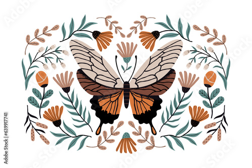 Vintage illustration with a butterfly. Autumn print with a butterfly. Vector ...