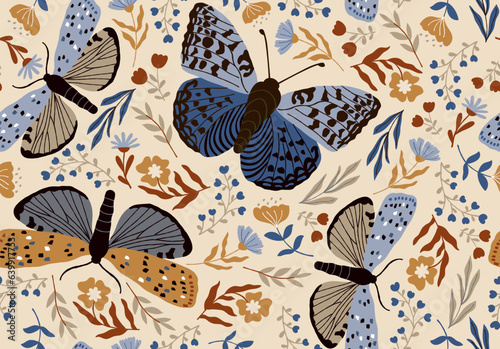 Seamless pattern with butterflies. Autumn botanical wallpaper. Vector backgro...