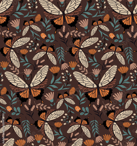 Seamless vintage butterfly pattern. Autumn wallpaper with butterflies. Vector seamless pattern.