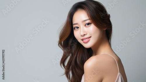 Portrait of Beautiful Asian Woman smile with her Smooth skin look at camera in action Posing of a professional model on White background in Studio light