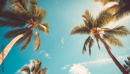 Blue sky and palm trees view from below, vintage style, tropical beach and summer background © Imran