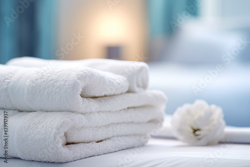 Slika na platnu Sunlight to the clean white towels on the hotel bed: feels cozy, comfortable and