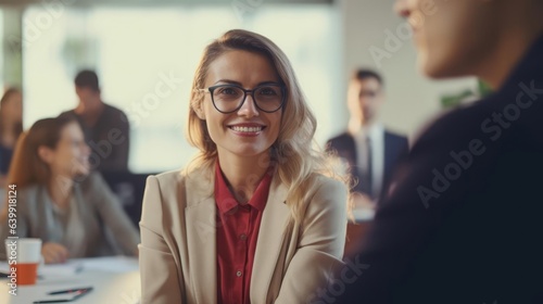 Portrait of creative caucasian woman in meeting with presentation Team discussing with colorful note paper on glass white office with sunrise lighting bokeh