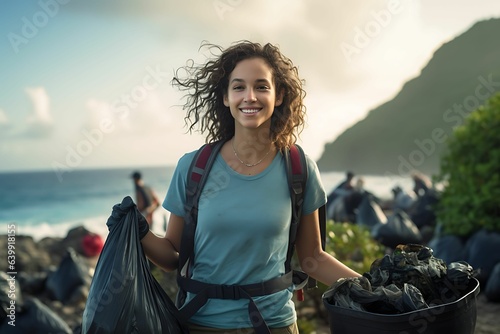 young woman as volunteer coastal cleanup  © Astock Media