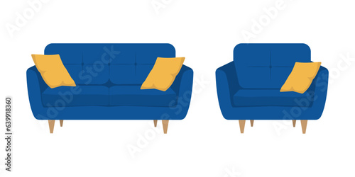 Trendy blue sofa and armchair with yellow pillows.  Modern furniture set
