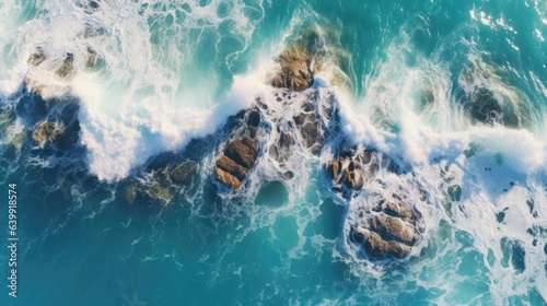 Realistic photo of drone photo of crashing waves on the shoreline
