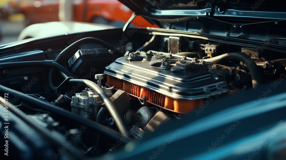 Muscle Car Engine. Under the hood of sports car. Powerful engine closeup. Clean motor block.