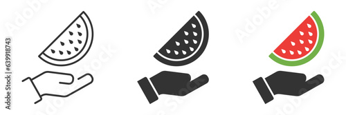 Watermelon on a paln hand icon. Vector illustration.