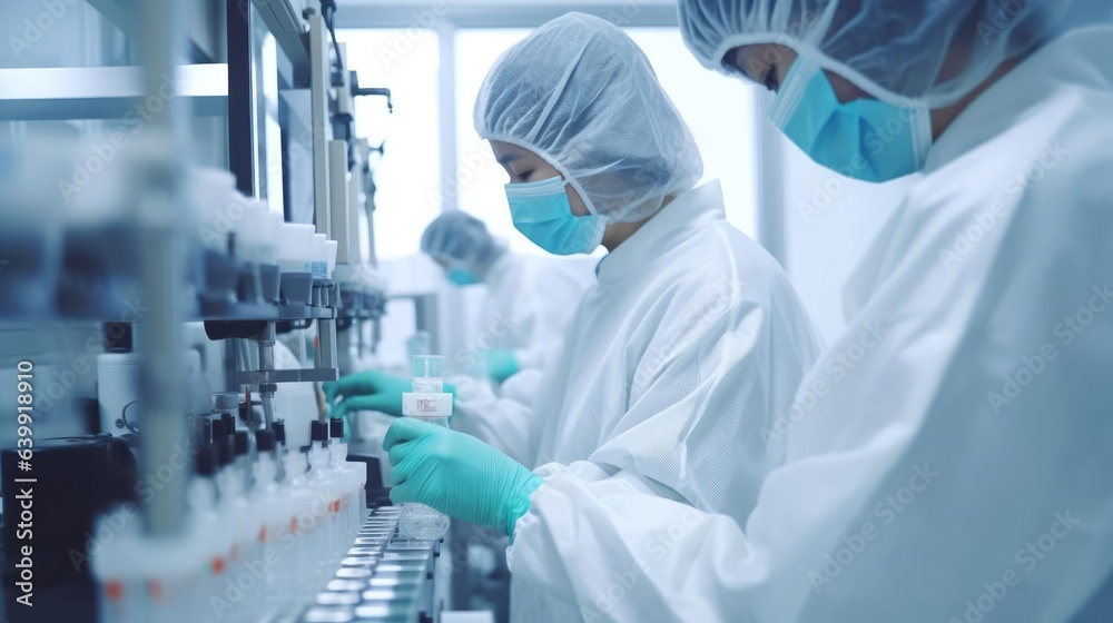 Staff wearing face mask in uniform check Medical vials on production line at pharmaceutical factory Staff wearing face mask in uniform check Medical vials on production line at pharmaceutical factory