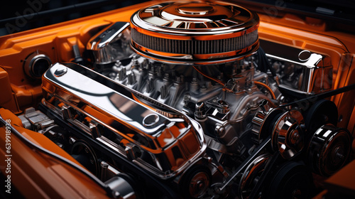 Muscle Car Engine. Under the hood of sports car. Powerful engine closeup. Clean motor block. © Olga
