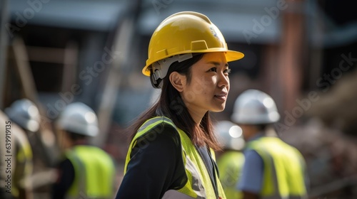 Woman architect in hard hat on construction site safe working on job site