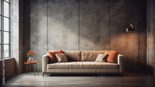 Modern cozy sofa and concrete wall in living room interior, modern design, mock up furniture decorative interior.