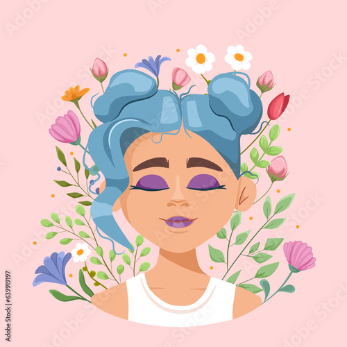 Mental health. Healthy mentality and self care illustration. A happy woman feels confident, relaxes, accepts, loves herself. Beautiful girl with closed eyes and flowers