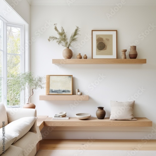 Wood floating shelf against a white wall. Creating a home storage system. Decorating a contemporary family room. © James Ellis