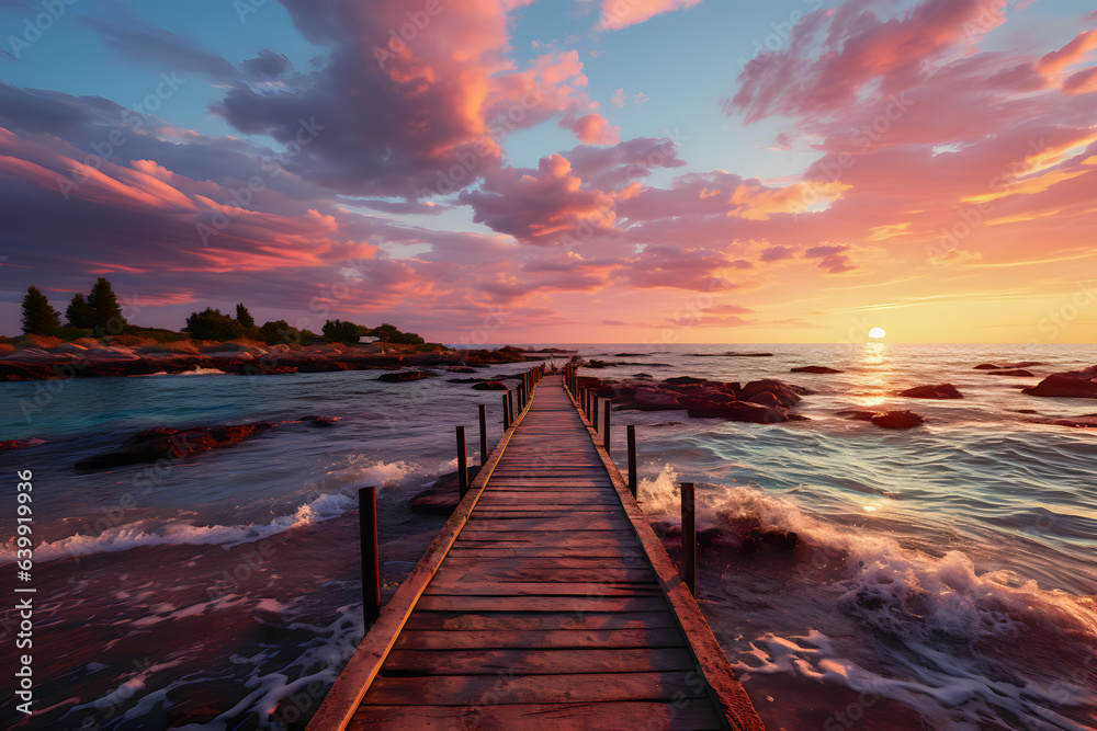 Obraz premium Wooden pier in the sea at sunset