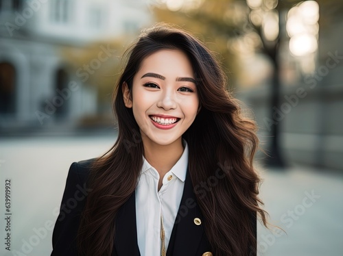 A confident Asian businesswoman standing outside an office building. Great for stories on careers, entrepreneurship, diversity, corporate workplace and more. 