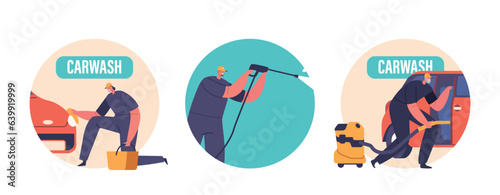 Car Wash Service Isolated Round Icons Or Avatars. Cleaning Company Employees Lathering Automobile Vector Illustration
